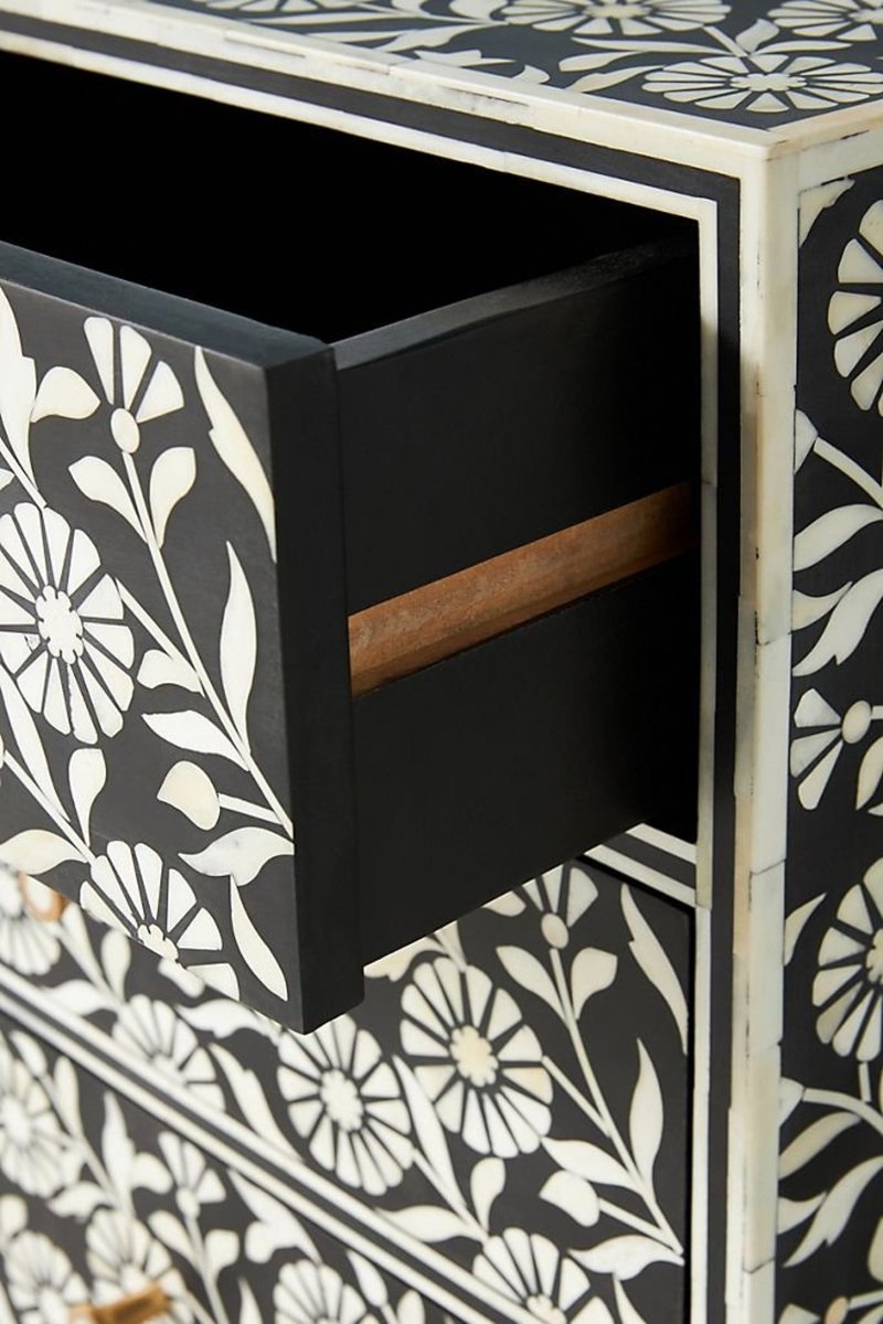 Handmade Bone Inlay Nightstand with Sunflower Design - 3 Drawer Black Bedside Table for Bedroom Decor & Storage | Perfect for Master Bedroom, Guest Room, or Nursery