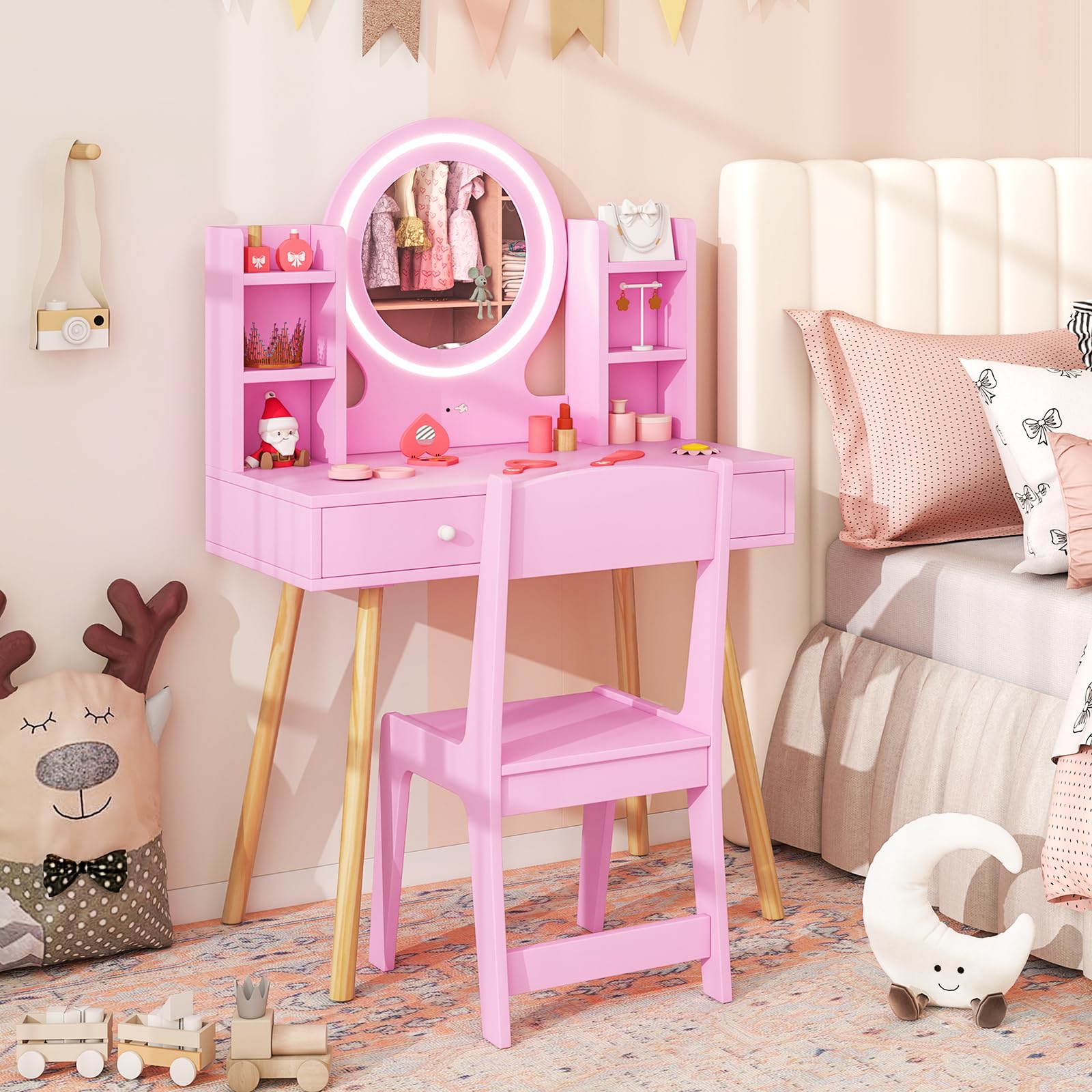 Costzon Pink Wooden Kids Vanity Set with Mirror, Stool, Lights & Storage - Toddler Makeup Dressing Table for Pretend Play, Birthday Gifts for Girls - Perfect for Bedroom Decor & Role Play Activities