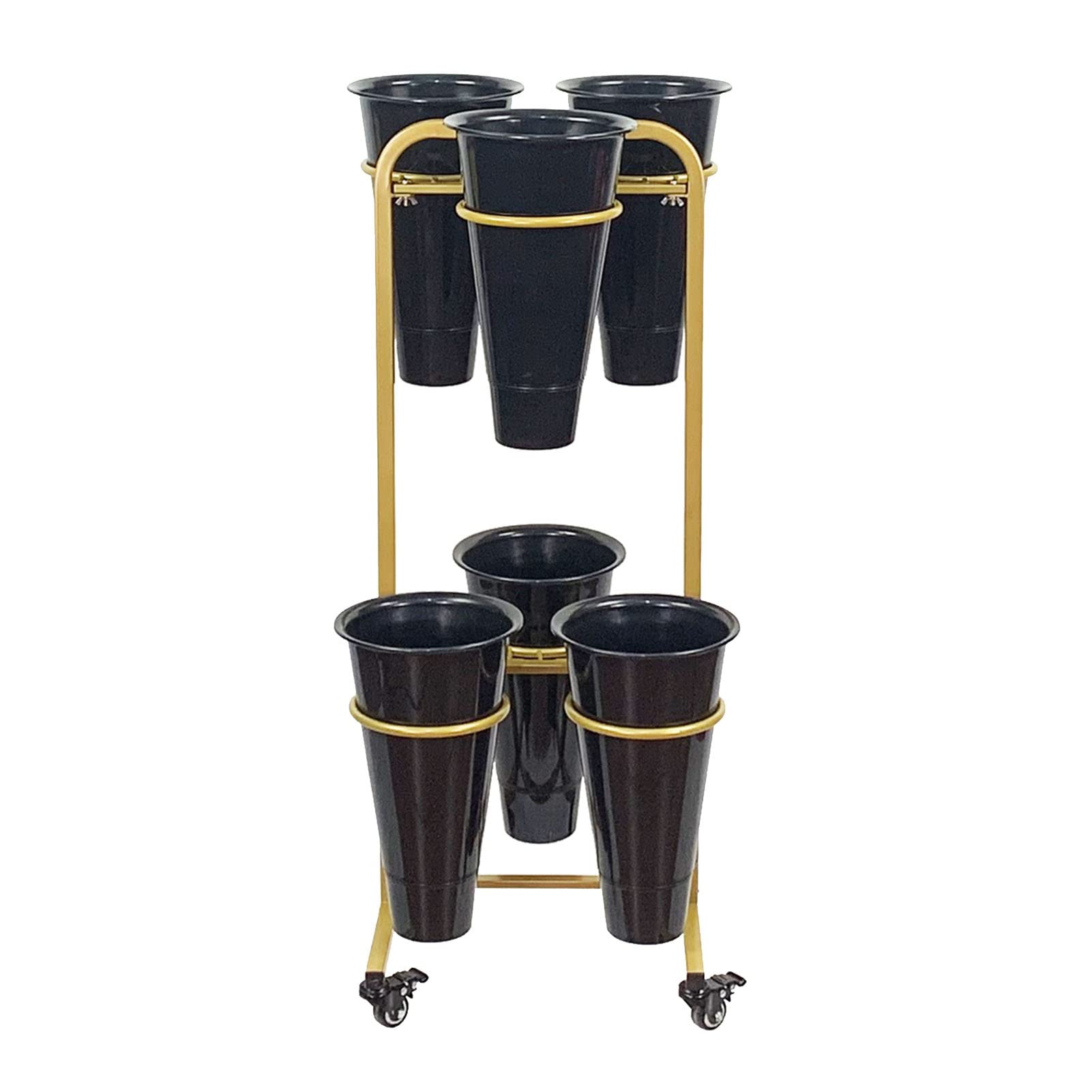 Premium 2-Tier Metal Flower Holder Rack - Gold Shelf & Black Bucket Garden Plant Stand for Outdoor Floral Displays | Perfect for Florists, Gardening, Patio Decor & Wedding Arrangements (6 Barrels, 2 Layers)