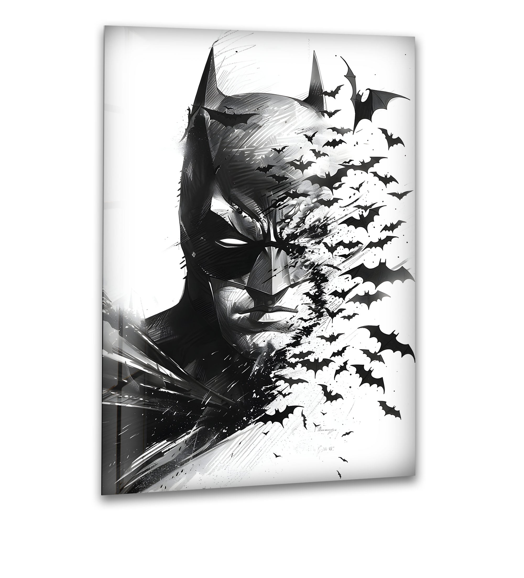 Batman Black and White Portrait Wall Art - Gothic Superhero Decor with Bats on Glass - Perfect for Man Cave, Home Theater & Superhero Bedroom Decor