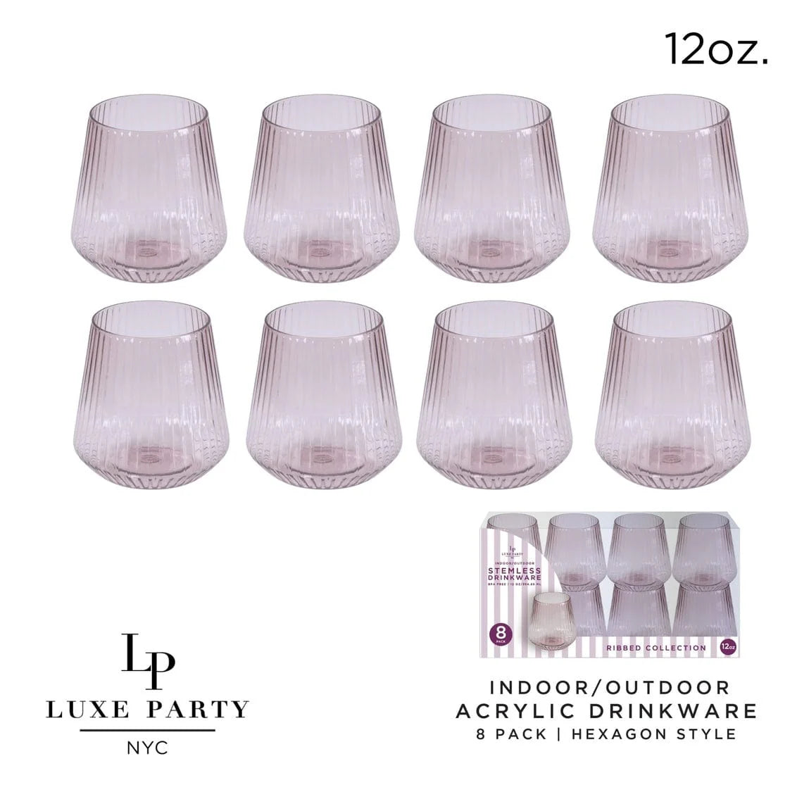 12 oz. Purple Plastic Stemless Ribbed Wine Goblets - 8 Pack Set for Outdoor Parties, Picnics, and Weddings