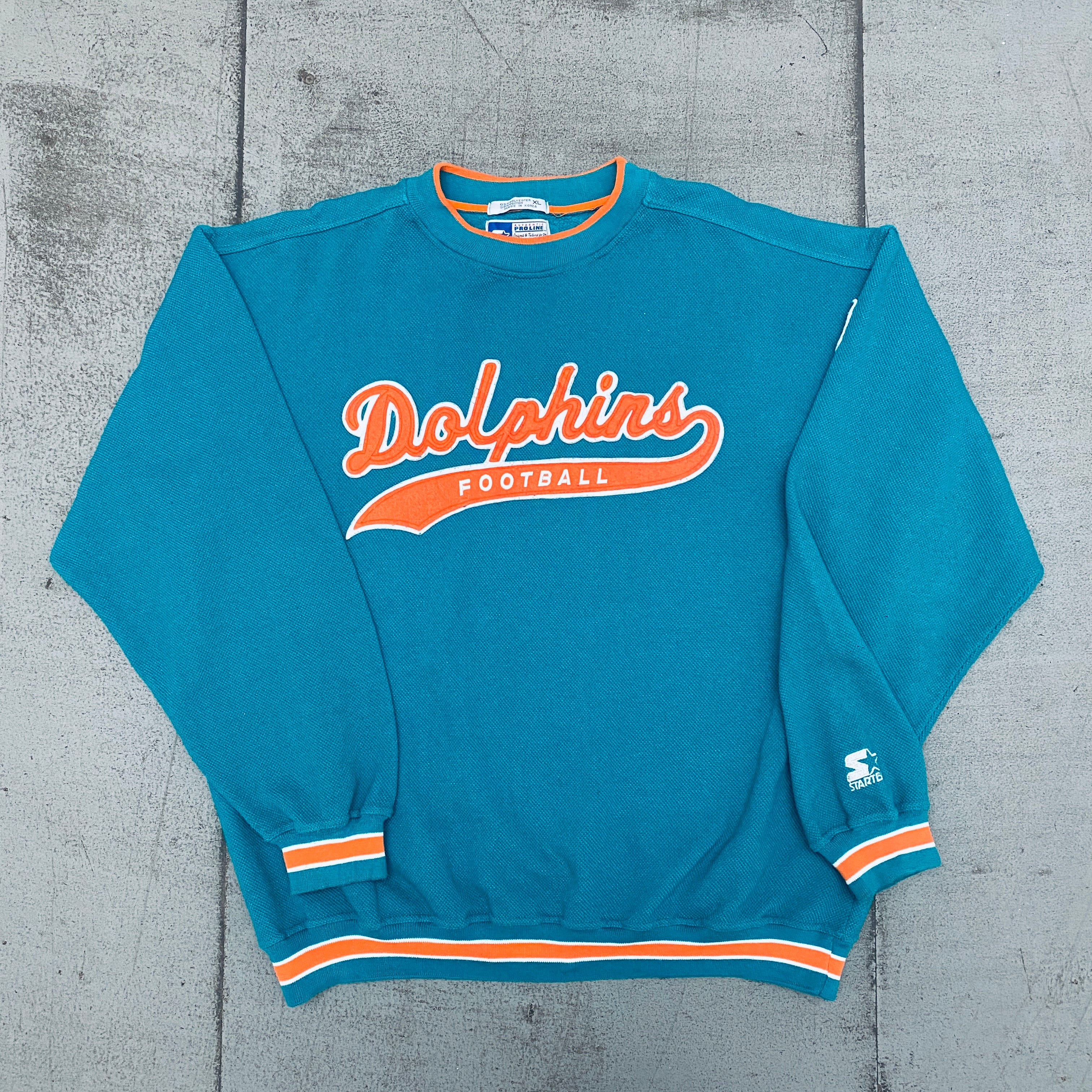 Vintage Miami Dolphins 1990s Stitched Script Spellout Proline Starter Sweatshirt XXL - Perfect for NFL Fans, Retro Sports Collectors & Game Day Outfits
