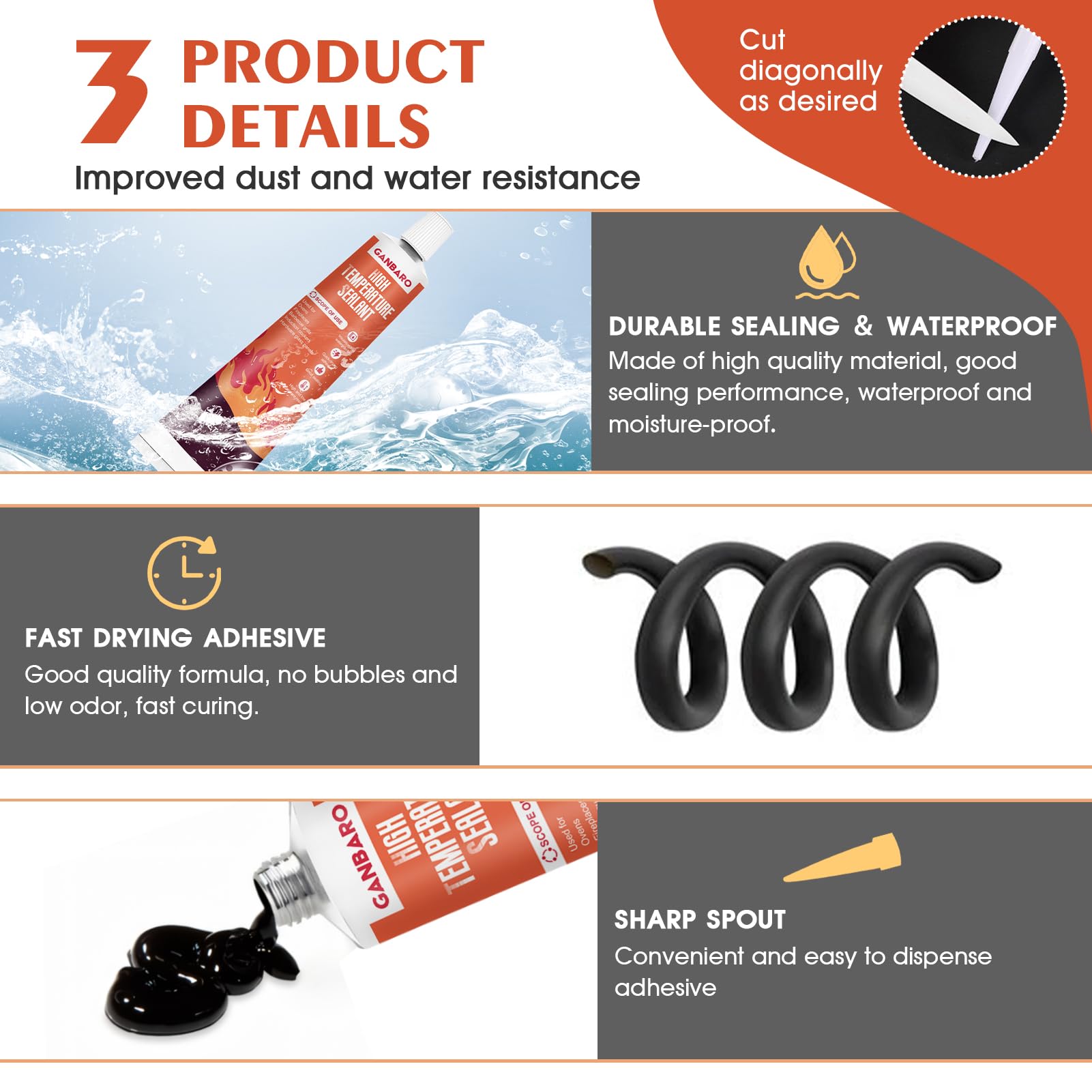 Ganbaro® 482°F High Temperature Silicone Sealant - Heat Resistant Adhesive Glue for Oven, Grill, Microwave - Fast Drying Waterproof Sealant with Brush (100ml, Black) - Perfect for DIY Repairs, Home Appliances & High Heat Applications