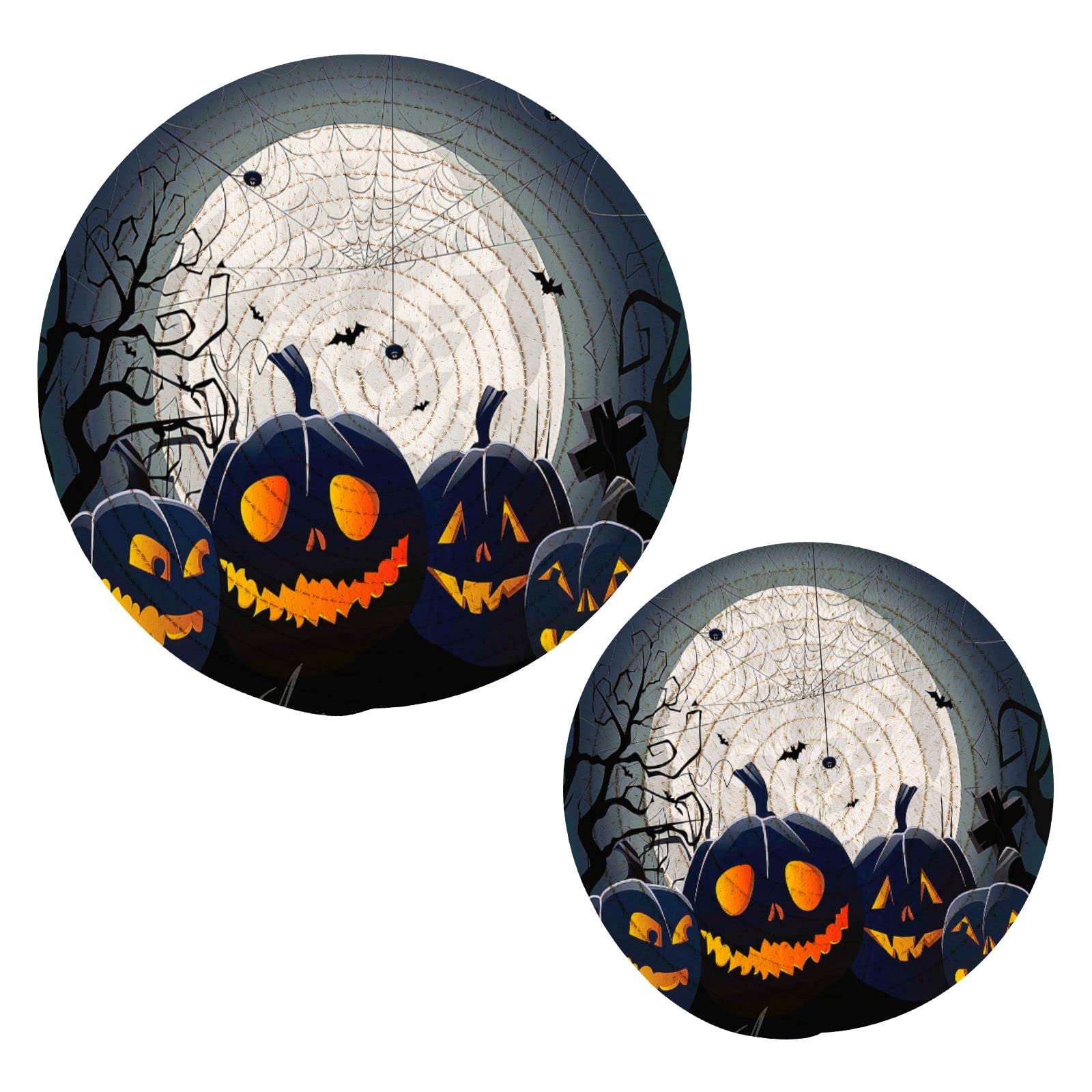 Halloween Pumpkin Moon Cotton Braided Trivet Mats - Heat Resistant Pot Holder & Small Dish Drying Mat for Hot Pots, Hot Dishes, and Jars (Set of 2) - Perfect for Kitchen, Dining Table, and Halloween Decorations