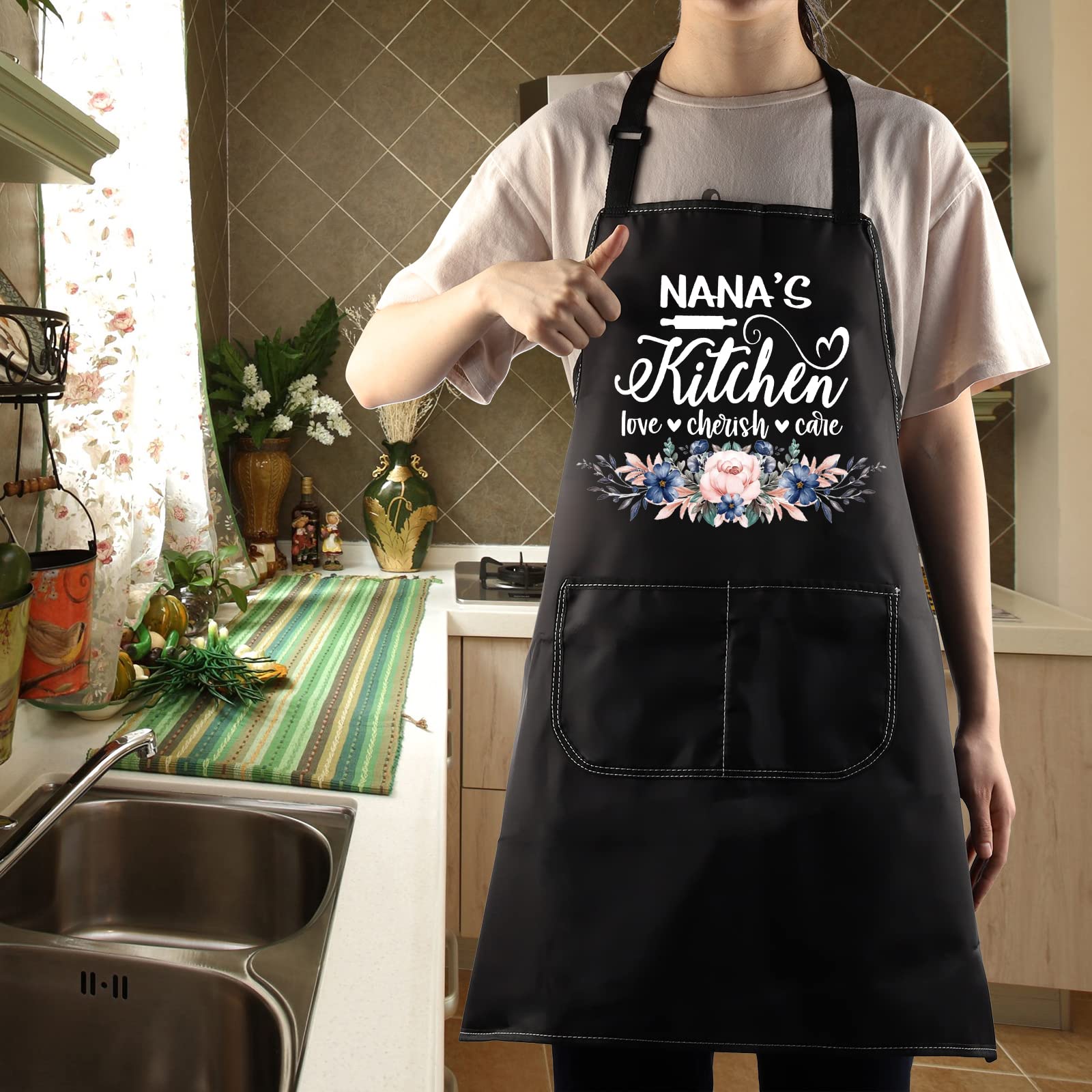 WZMPA Nana Kitchen Apron with Pockets - Adjustable Bib Apron for Cooking, Baking & Grilling - Perfect Grandma Gift for Mother's Day, Christmas & Housewarming - Durable & Stylish Apron for Home Chefs & BBQ Lovers