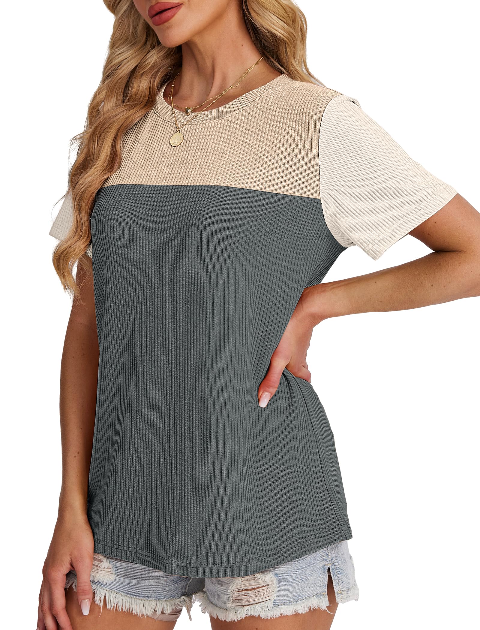 WIHOLL Women's Color Block Short Sleeve Crewneck Knit Top - Trendy Casual Spring Summer Shirts for Women | Perfect for Office, Dating & Weekend Outfits