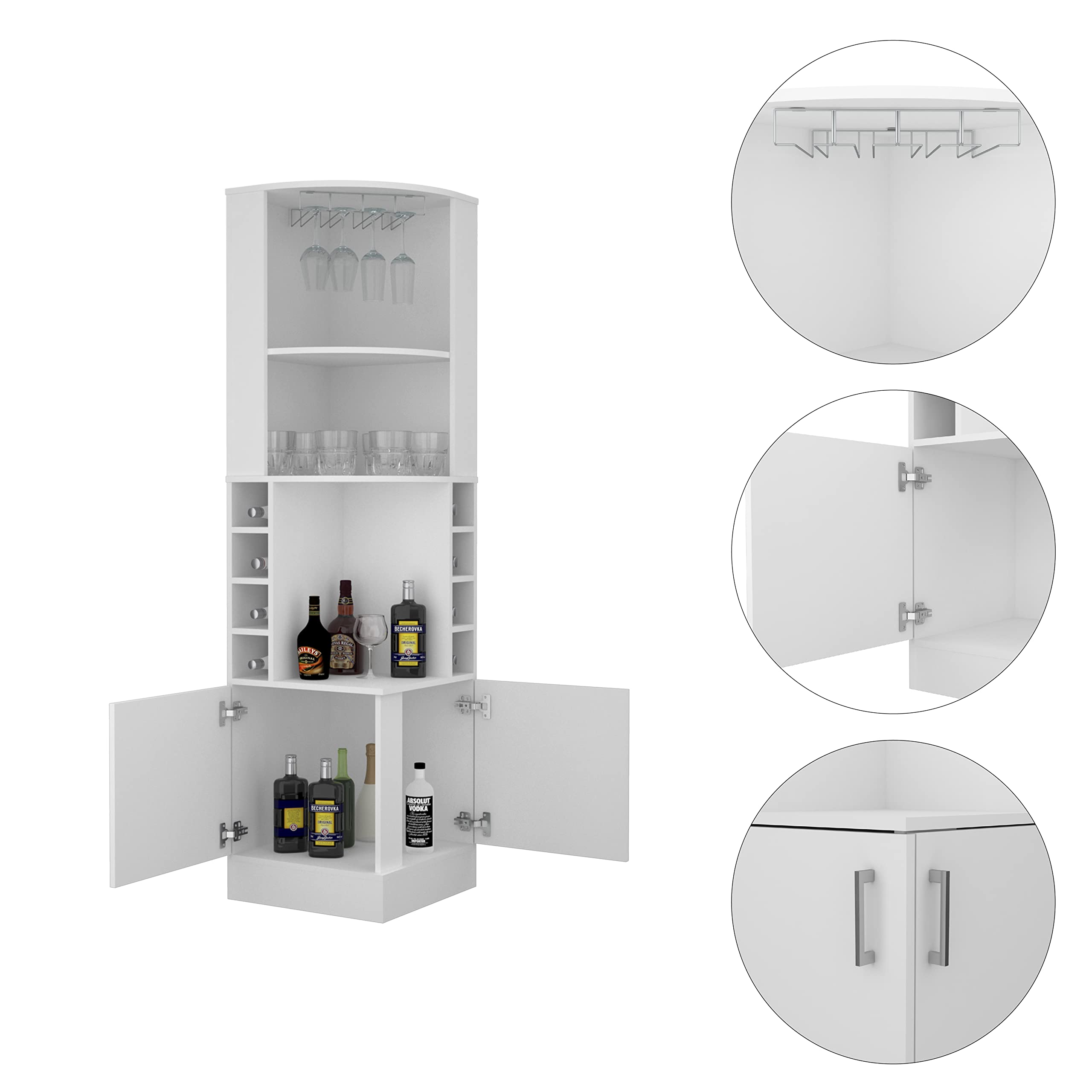White Seattle Corner Bar Cabinet with 3 Open Shelves, Glass Rack & 8 Bottle Storage - Modern Home Bar Furniture for Living Room, Dining Room or Man Cave