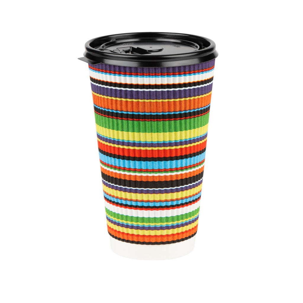 Eco-Friendly Insulated Ripple Color Striped Paper Coffee Cups with Lids - 12oz Hot/Cold Beverage Containers for Office, Cafe, and Home Use