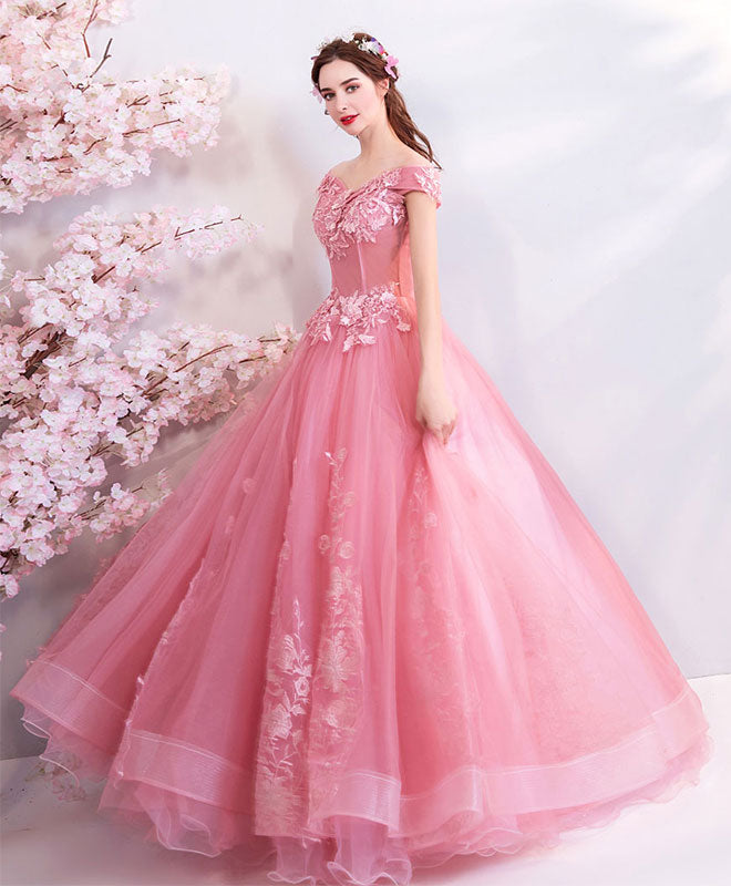 Elegant Pink Tulle Off-Shoulder Lace Long Prom Dress for Women - Formal Evening Gown for Homecoming, Ball, Wedding & Special Occasions