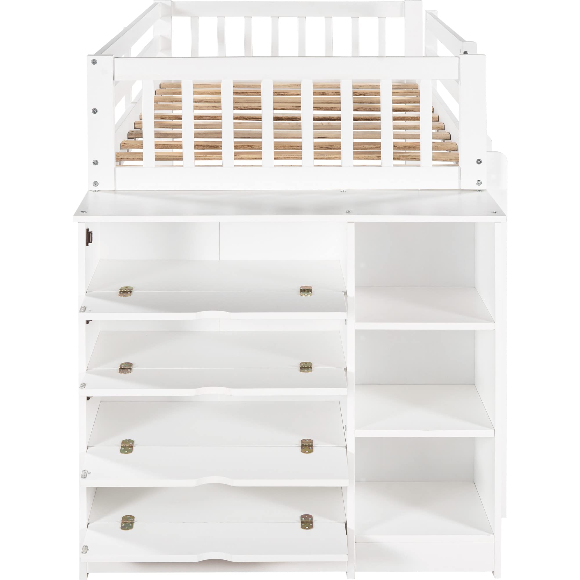 Twin Over Twin Solid Wood Bunk Bed with Storage Cabinet & Shelves - Low Loft Bed Frame with Ladder & Guardrails for Kids, Teens & Adults - Multi-Functional Space Saving Design (White) - Perfect for Small Bedrooms, Dorm Rooms & Guest Rooms