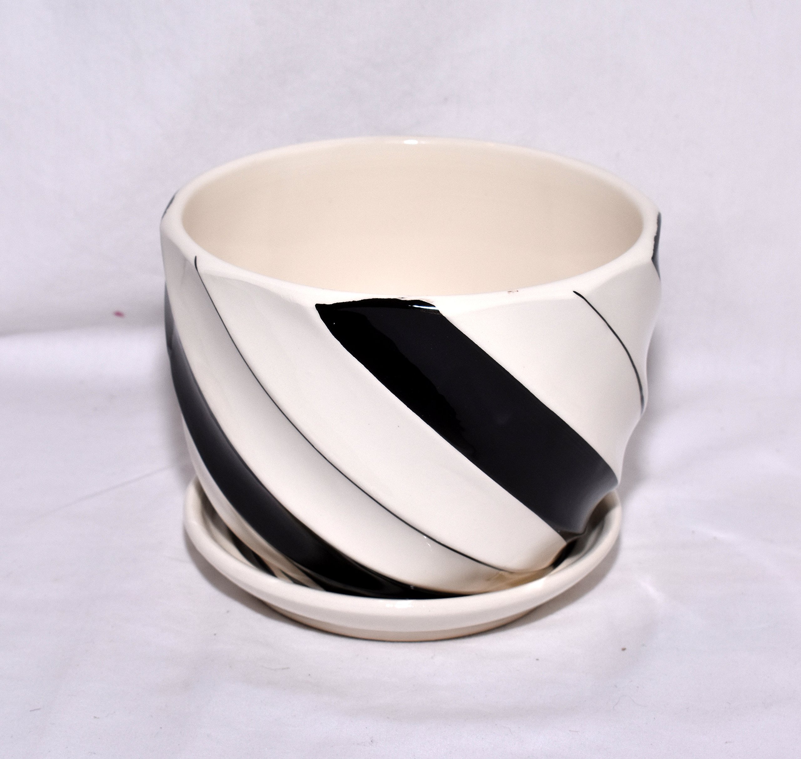 6.5 Inch Black and White Swirl Ceramic Plant Pot with Saucer - Modern Flower Planter for Indoor Plants, Succulents, Home & Office Decor