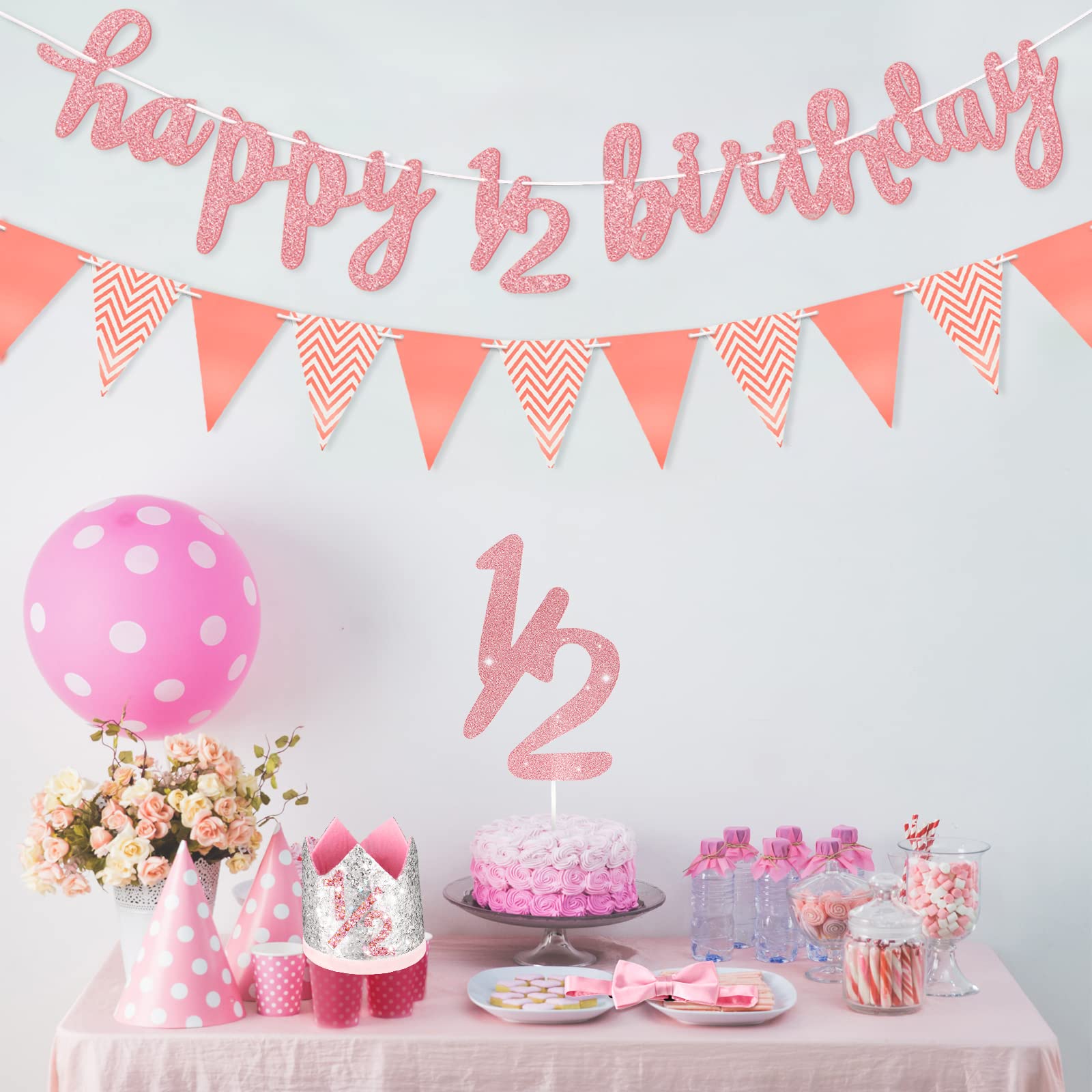 Spakon Glitter Half Birthday Banner Set - 6 Months Happy Birthday Decorations for Baby Boy & Girl - Includes 1/2 Year Cake Topper, Triangle Flags, Crown Hat & Bow Tie (Rose Gold) - Perfect for Half-Year Milestone Celebrations & Photo Shoots