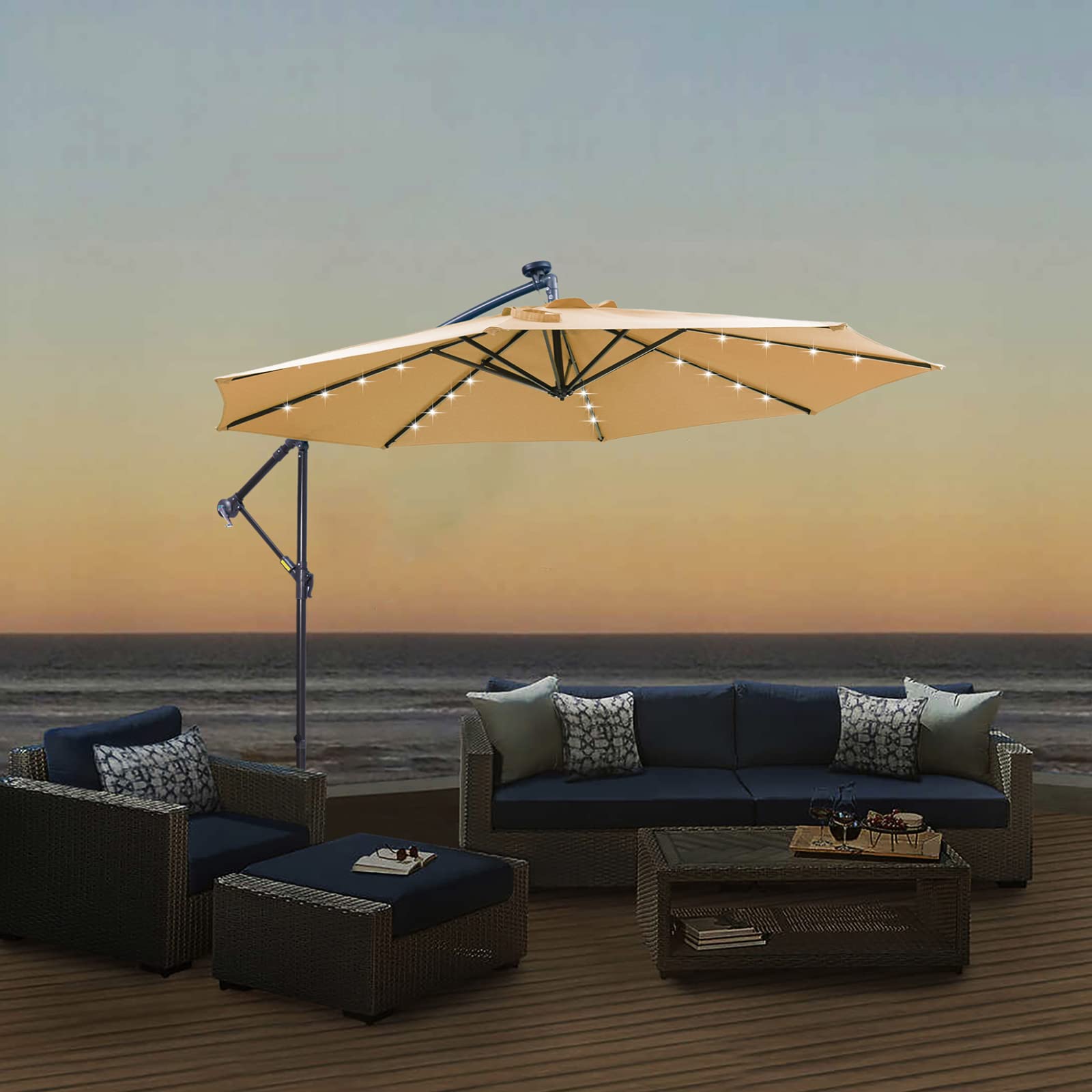 10 FT Solar LED Cantilever Patio Umbrella with Base - 32 Bright LED Lights, Easy Open Adjustable Outdoor Umbrella for Garden, Poolside & Backyard Relaxation