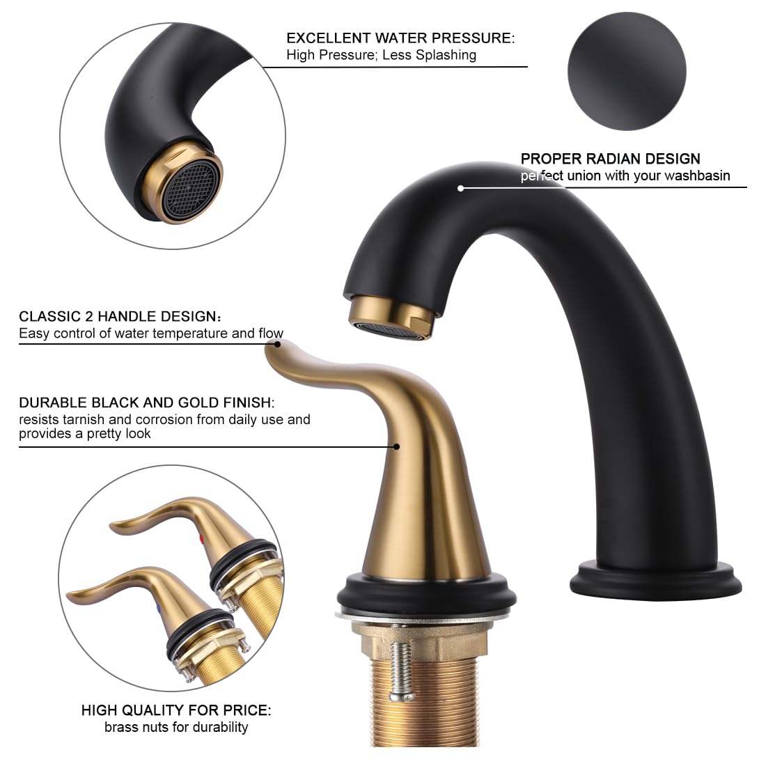 WOWOW Black and Gold 8-Inch Widespread Bathroom Sink Faucet - 3 Hole Vanity Faucet with 2 Handles, Pop-Up Drain & Supply Hose - Perfect for Modern Bathroom Renovation & Luxury Home Decor