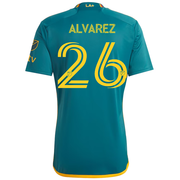 Adidas LA Galaxy Alvarez Away Jersey 2023-2024 - Authentic MLS Soccer Jersey with Apple TV Patches (Green/Yellow) - Perfect for Soccer Games, Fan Events & Sports Collectibles
