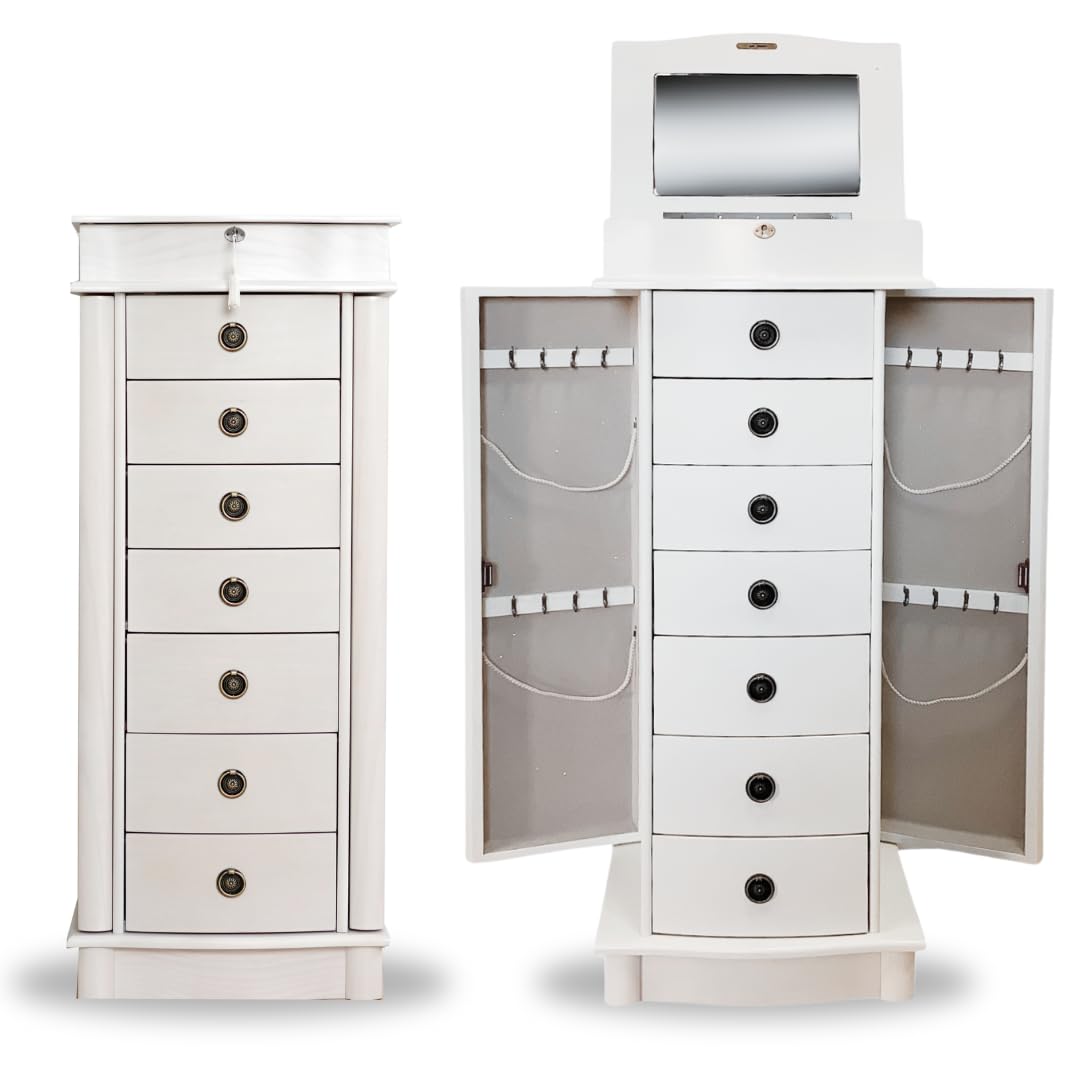 Hives & Honey Noel Standing Jewelry Armoire Cabinet with Lock - White Jewelry Storage Organizer with Flip Mirror, 2 Side Doors & 7 Drawers for Necklaces, Earrings, Bracelets | Perfect for Bedroom, Closet & Dressing Room Organization