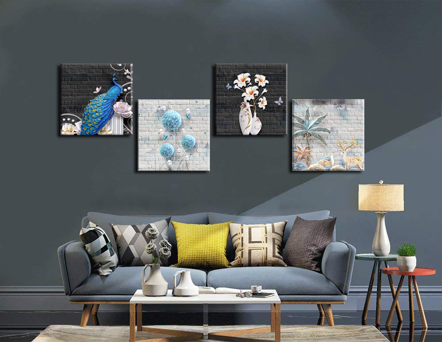 Modern Abstract Canvas Wall Art - 4 Panels Flower & Animal Painting Print, Framed & Ready to Hang for Living Room Decor | Perfect for Home, Office & Bedroom Wall Decoration