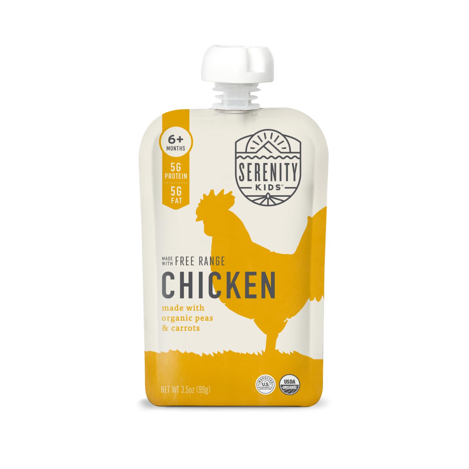 Organic Chicken & Veggie Baby Food Pouches for 6+ Months - Serenity Kids 3.5oz BPA-Free Puree with Free Range Chicken, Peas & Carrots - Ethically Sourced Meat & Organic Vegetables - 6 Pack - Perfect for On-the-Go Feeding & Healthy Infant Nutrition
