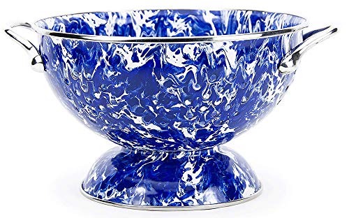 Premium Cobalt Blue Swirl Enamelware 3 Quart Colander - Durable Stainless Steel Pasta Strainer with Handles for Kitchen, Camping & Outdoor Cooking