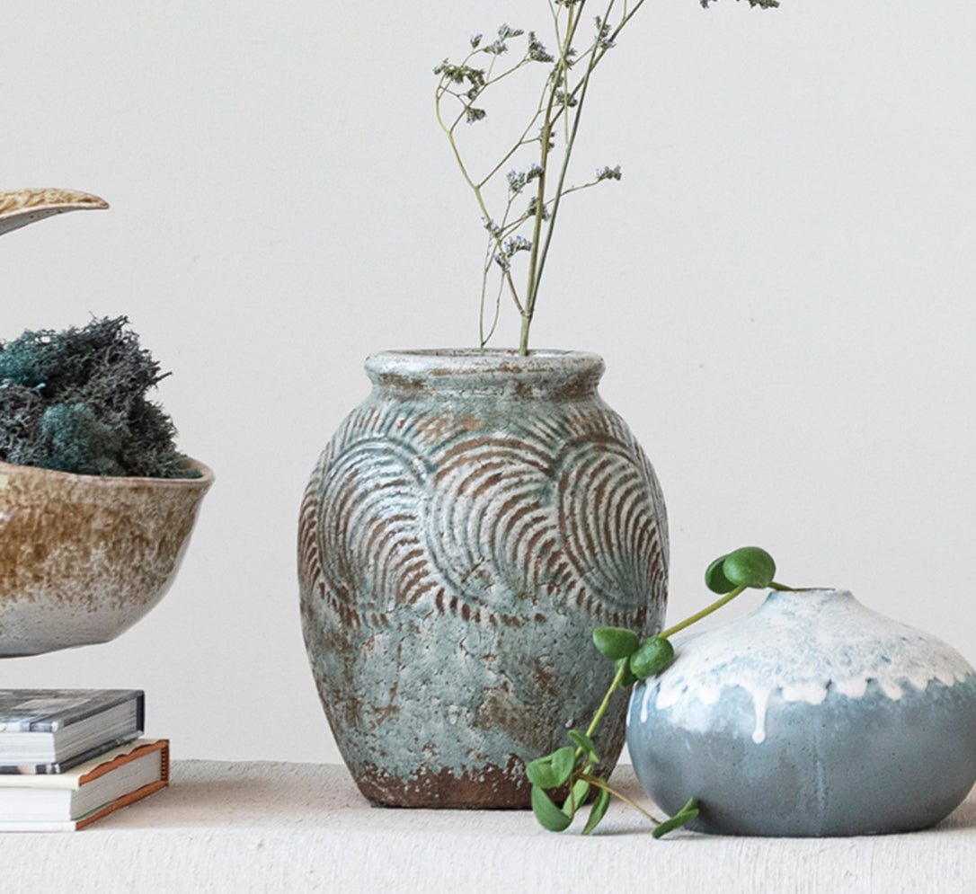 Distressed Blue Grey Ceramic Vase - Handmade Farmhouse Decor for Living Room, Dining Table, or Wedding Centerpiece