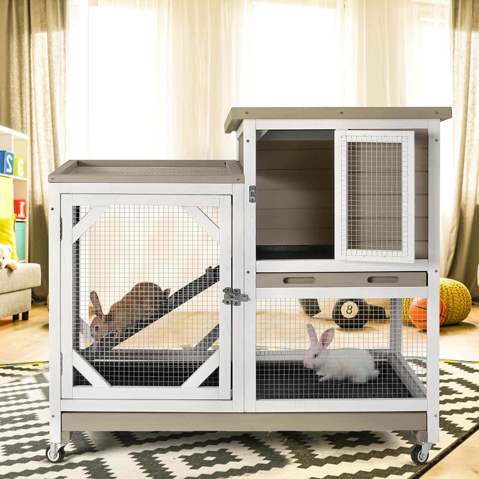 GUTINNEEN Indoor Outdoor Rabbit Hutch with Wheels - Bunny Cage with 2 Deep No-Leak Pull-Out Trays, Wire Mesh Free Bottom - Perfect for Backyard, Patio & Pet Play Areas