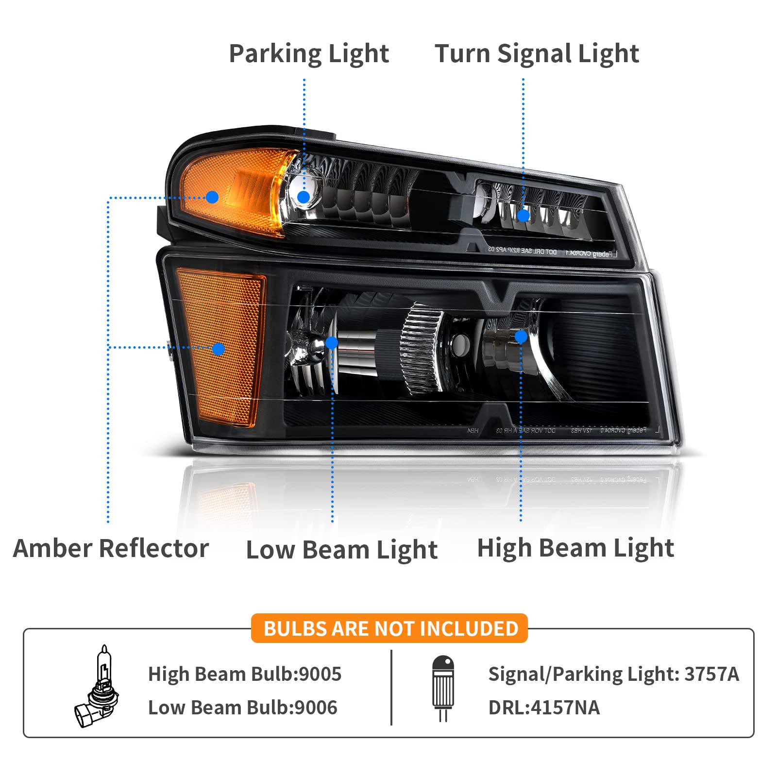 DWVO Headlight Assembly Compatible with 2004-2012 Chevy Colorado & GMC Canyon, 2006-2008 Isuzu i-Series - Black Housing, Amber Reflector, Clear Lens - Perfect for Off-Roading, Night Driving & Vehicle Restoration