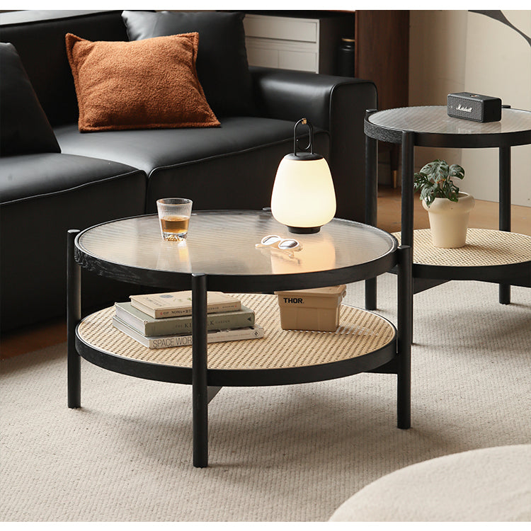 Solid Oak Wood Rattan Black Glass Round Coffee Table - Modern Living Room Centerpiece for Home Decor