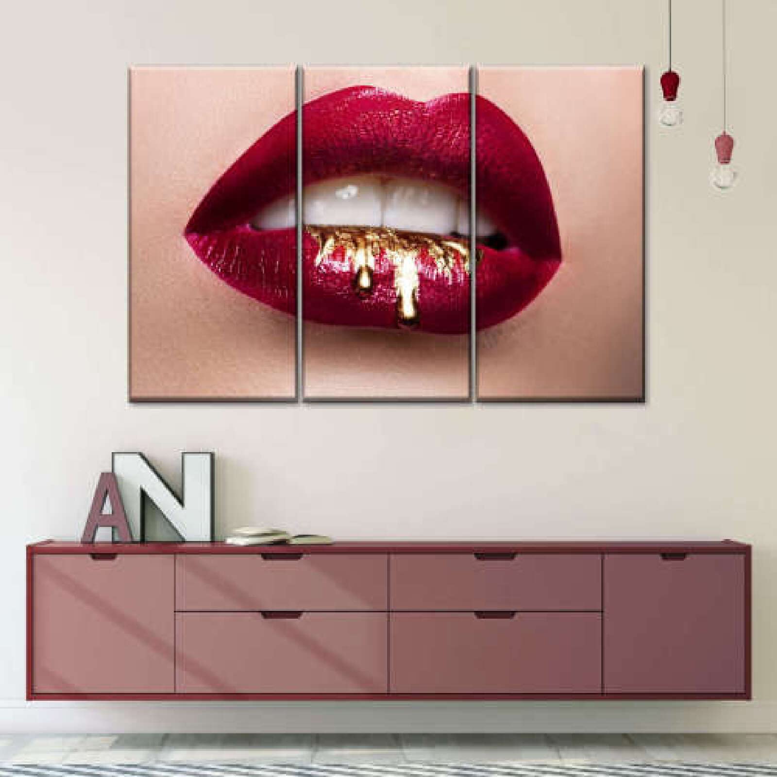 3-Piece Red & Gold Drip Lips Canvas Wall Art Set - Modern Framed Stretched Ready-to-Hang Painting for Living Room, Bedroom, Office Decor - Unique Home Wall Decorations & Creative Housewarming Gift Ideas