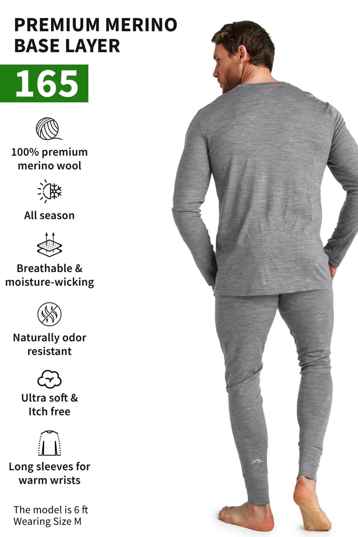 Men's Merino Wool Thermal Underwear Set - 165 GSM Heathered Grey - Base Layer for Winter Hiking, Skiing & Cold Weather Activities
