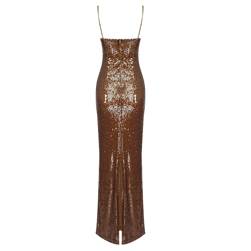 Gold Sequin Shimmering Women's Strappy Sexy Bodycon Long Dress for Birthday Party & Nightclub | 2022 New Designer Evening Gown | Perfect for Cocktail Parties, Date Nights & Special Occasions