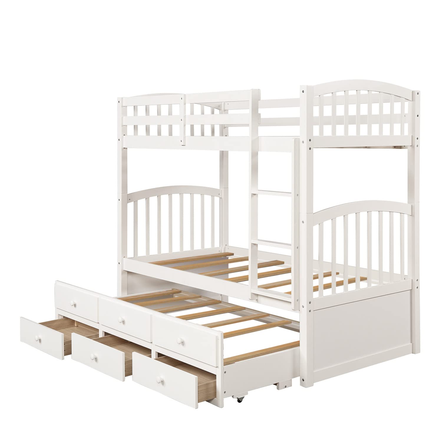Twin Bunk Bed with Trundle & Storage - Convertible to 2 Beds - Kids Bedroom Furniture (White)