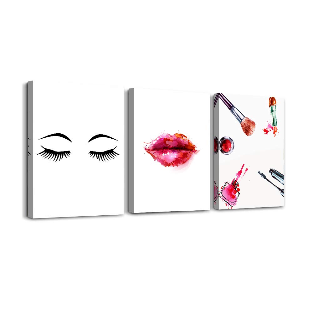Modern Canvas Wall Art Set of 3 - Lips Makeup Painting for Girls Room, Bedroom, Bathroom & Living Room Decor | Framed Office Wall Decorations | Home Decor Wall Pictures for Kitchen & Housewarming Gifts