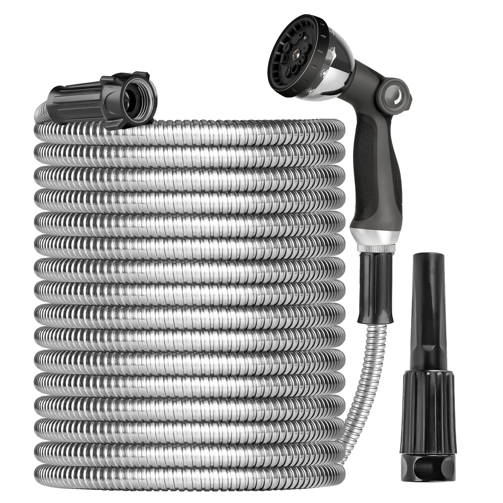 2024 Heavy Duty 75ft Stainless Steel Metal Garden Hose with Spray Nozzle - Flexible, Lightweight, Puncture Proof Water Hose with Brass Fittings - Perfect for Yard, Lawn, RV, Outdoor Cleaning & Car Washing