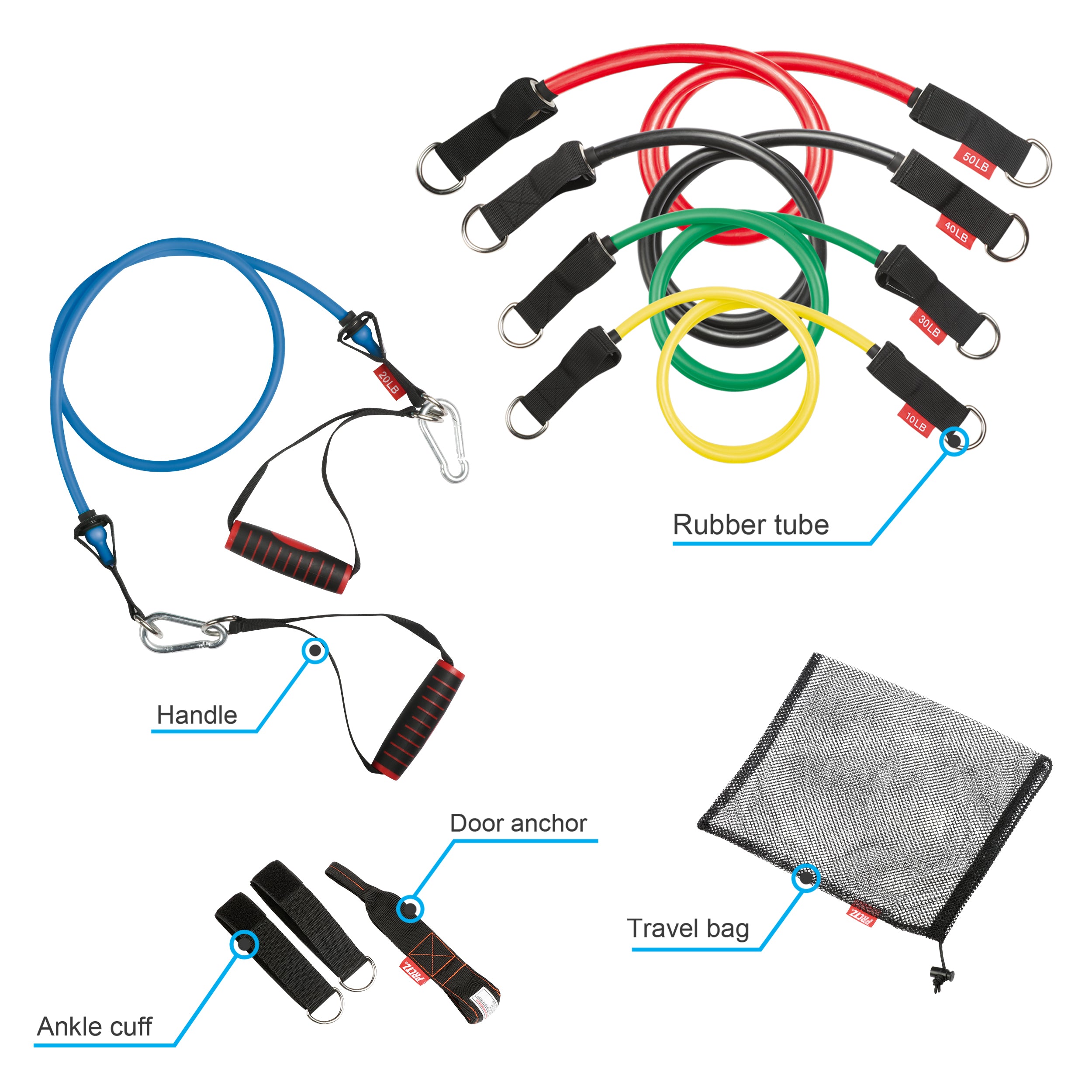 PRCTZ 10-50lb Resistance Bands Set with 5 Exercise Tubes, Door Anchor, Ankle Straps & Carry Bag - Full Body Workout for Home Gym, Strength Training & Physical Therapy