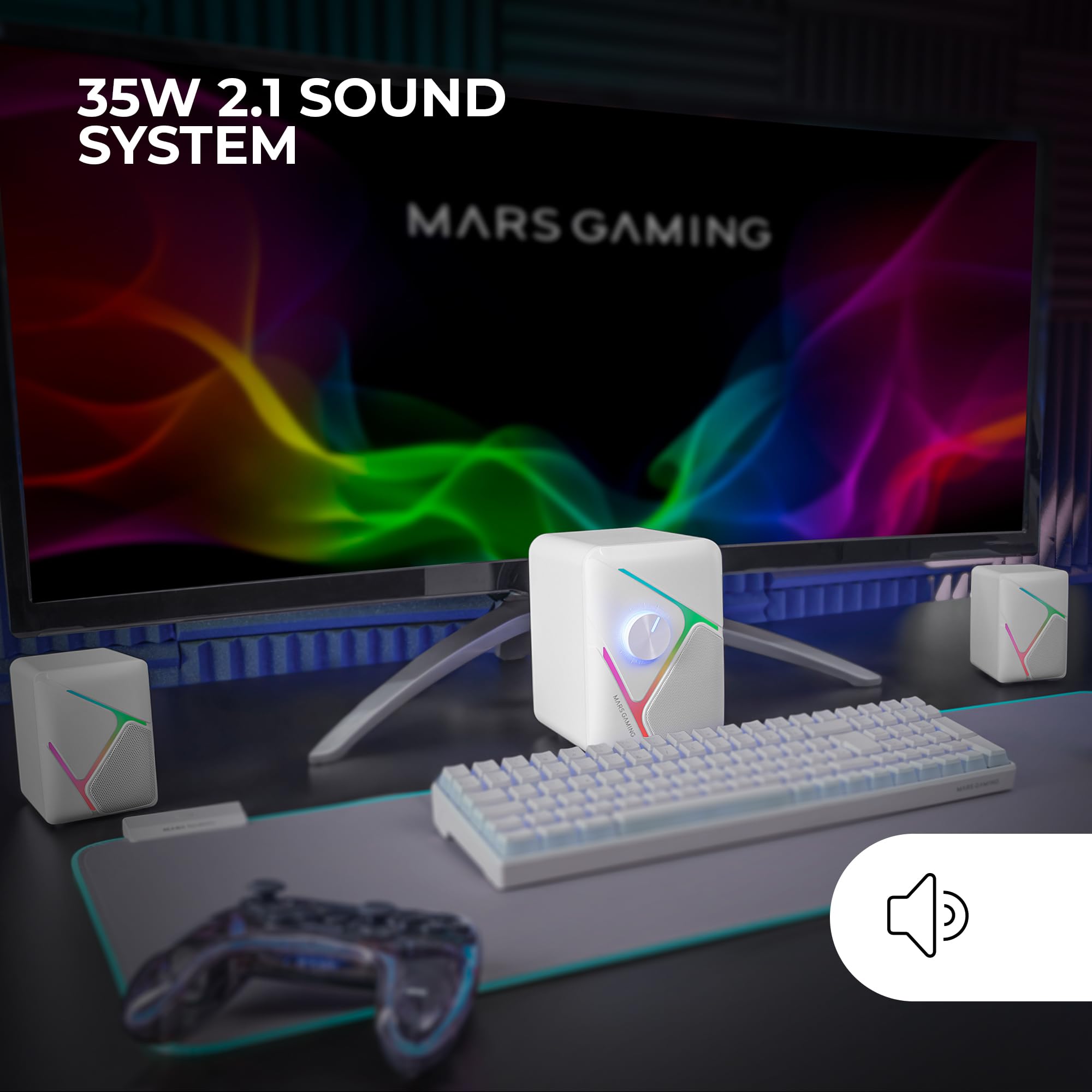 Mars Gaming MS-H21 RGB 2.1 Gaming Speaker System with Subwoofer - 35W Power, Inverted 3D Surround Sound, Compact Design with Dynamic RGB Lighting - USB Powered & 3.5mm Jack - White - Perfect for PC Gaming Setup, Home Theater, and Music Listening