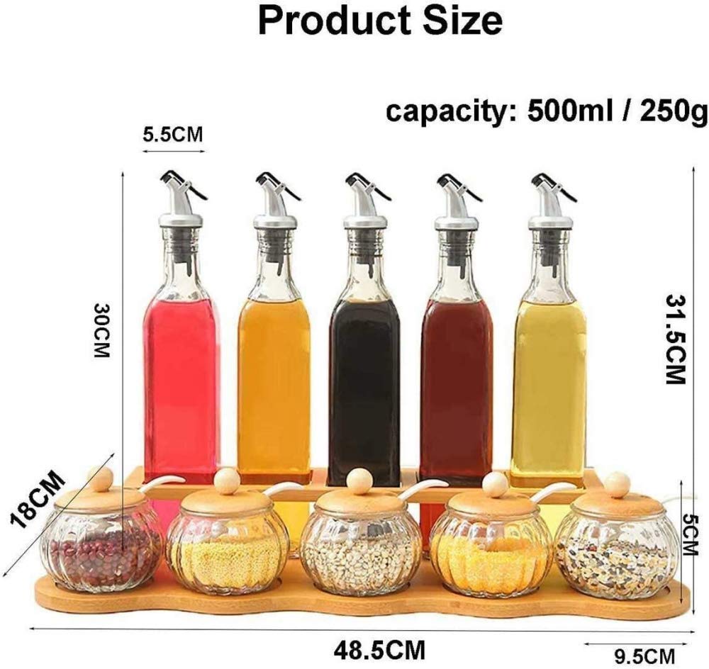 10-Piece Glass Spice Jar Set with Bamboo Wood Storage Rack - Vinegar & Oil Cruet Bottles with Spoon - Perfect for Kitchen Pantry Organization & Seasoning Display