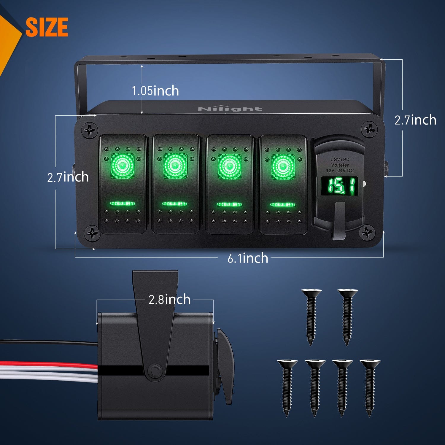 4 Gang Aluminum Rocker Switch Panel with QC 3.0 Dual USB Charger & Voltmeter - Green Backlit for Marine, RV, Truck, and Home Electrical Systems
