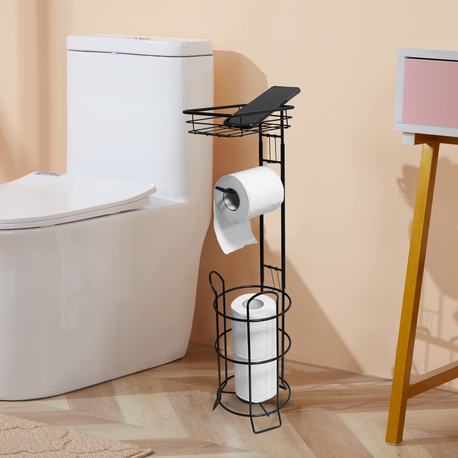 Sturdy Black Toilet Paper Holder Stand with Raised Base & Top Shelf - Bathroom Tissue Roll Dispenser & Storage Organizer for Home, Apartment, RV, and Office Use