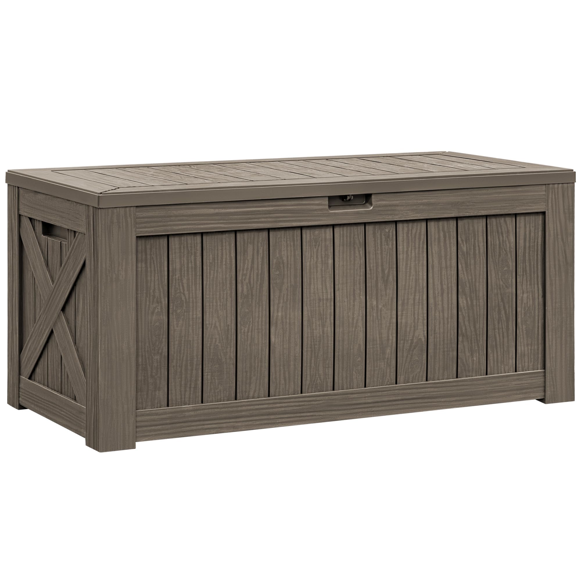 Flamaker 120 Gallon Waterproof Resin Deck Storage Box - Large Outdoor Indoor Deck Box with Wood Grain Finish for Patio Furniture, Garden Tools & Pool Accessories (Brown) | Perfect for Backyard, Deck, Poolside & Garage Organization