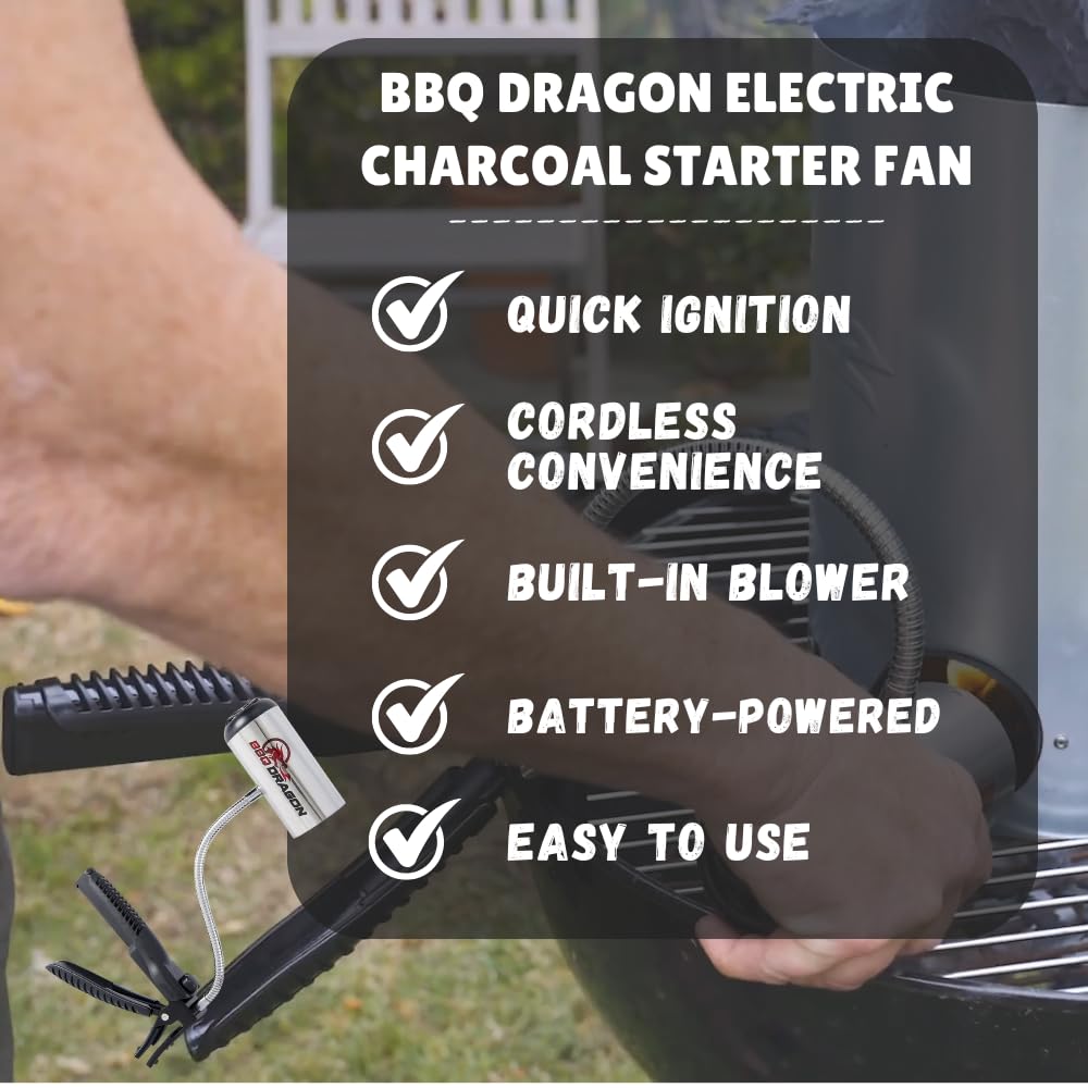 BBQ Dragon Cordless Charcoal Grill Fan - Heavy Duty Portable Fire Blower for Camping, Fireplace & Smokers - Adjustable Clamp Air Blower for Perfect Grilling & Smoking - Ideal for Backyard BBQs, Tailgating & Outdoor Cooking