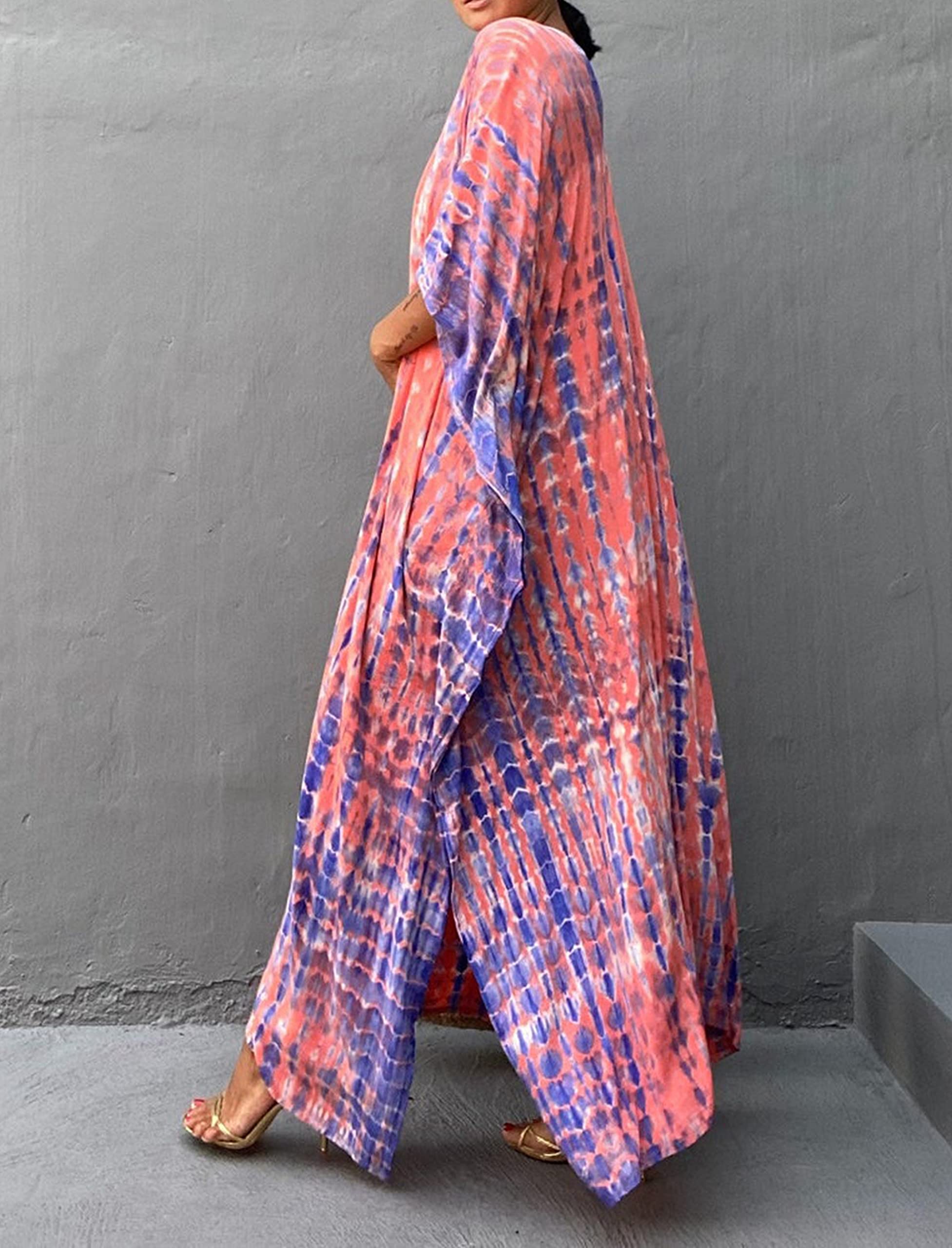 RanRui Women's Plus Size Kaftan Dress - Striped Print Tie Dye V-Neck Boho Beach Cover Up for Summer Vacation, Pool Party & Resort Wear