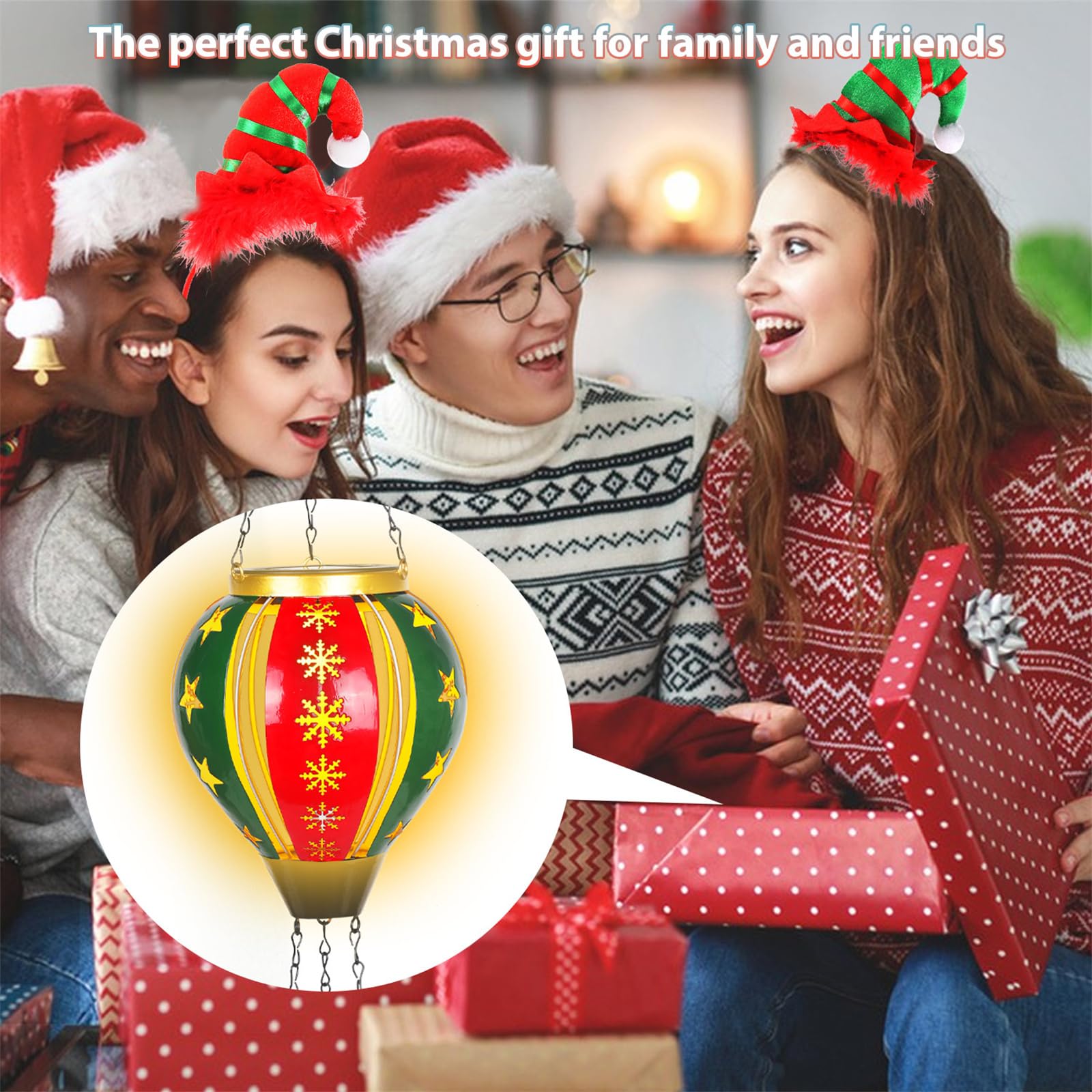 Solar Powered Christmas Lanterns - Waterproof Hanging Hot Air Balloon Lights with Flickering Flame Effect for Outdoor Garden, Yard, Tree Decor - Metal Farmhouse Holiday Decorations (Perfect for Christmas, Parties, Weddings & Patio Lighting)