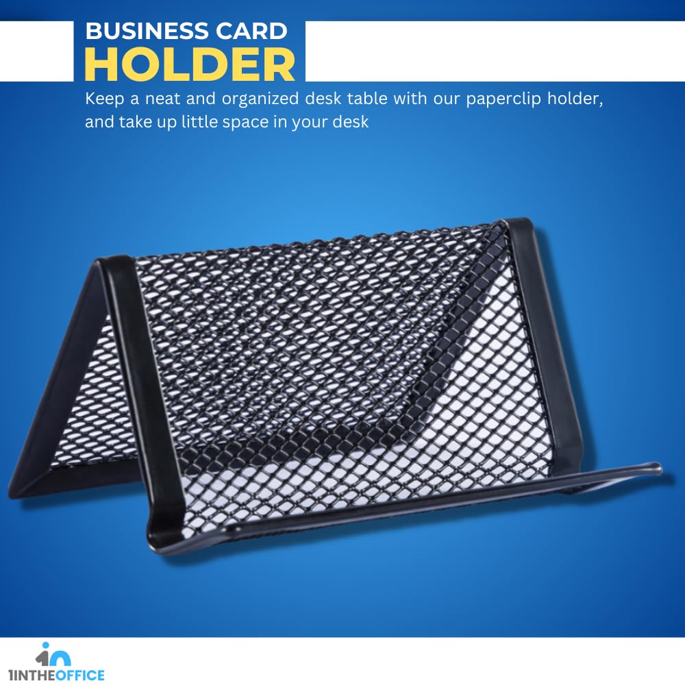 1InTheOffice Mesh Business Card Holder Stand - 2 Pack Black Desk Organizer with 1 Compartment | Perfect for Office, Reception & Professional Workspaces