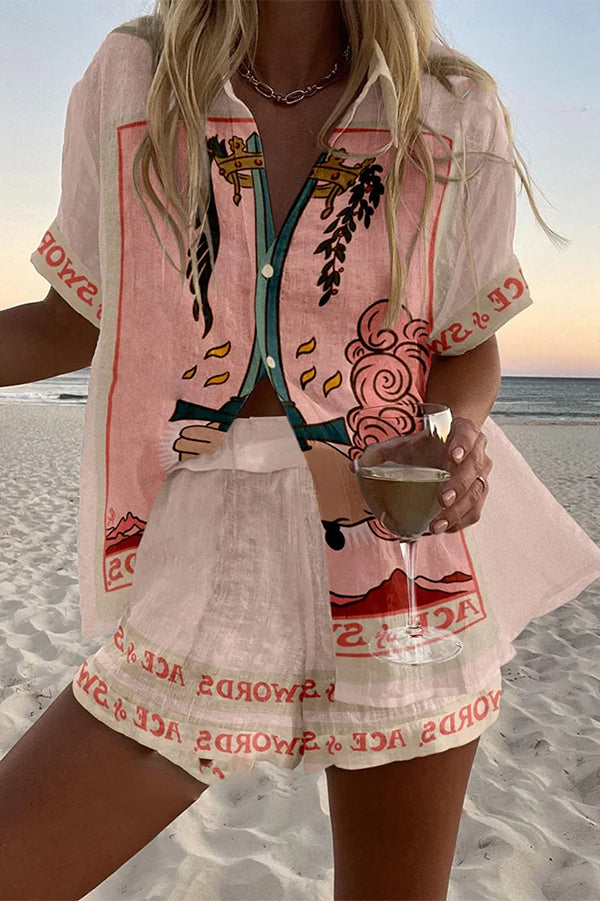 Tarot Print Loose Fit Button Fly Elastic Waist Shorts Set - Women's Casual Summer Outfit for Yoga, Beach & Boho Style
