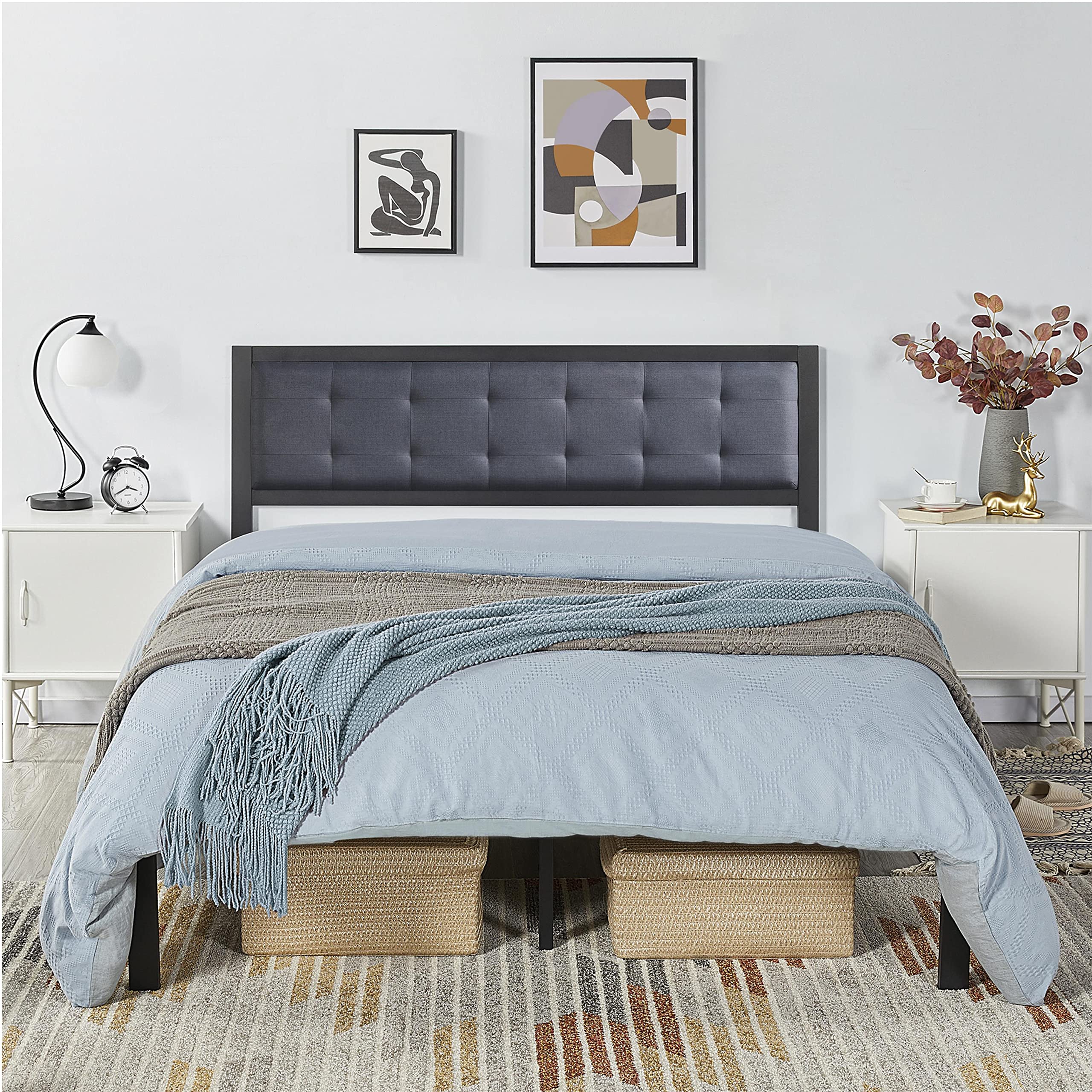 Yaheetech Full Size Metal Bed Frame with Upholstered Platform & Button Tufted Headboard - Sturdy Mattress Foundation in Gray - Perfect for Master Bedroom, Guest Room or Dormitory