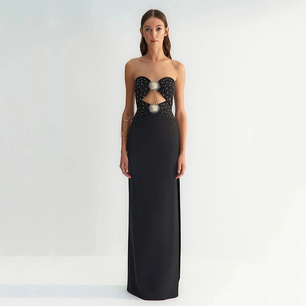 Sexy Strapless Hollow Diamond Bandage Dress for Women - Elegant Long High Split Party Dress - Perfect for Summer Celebrity Events, Nightclubs & Evening Parties