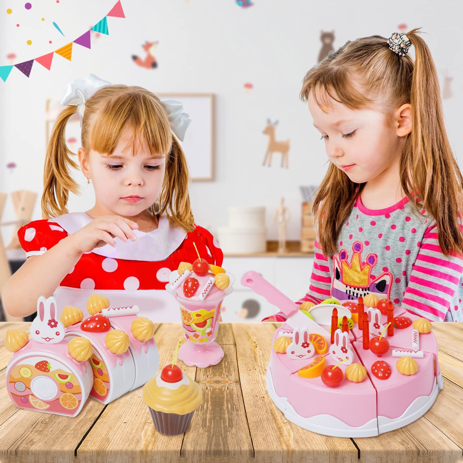 75PCS Pretend Play Birthday Cake Toy Set - Cutting Play Food with Candles, Plates, Ice Cream, Pudding & Cookies - Perfect for Princess Themed Birthday Parties & Role Play Games (Ages 3+) | Great for Kids' Parties, Preschool Learning & Imaginative Play