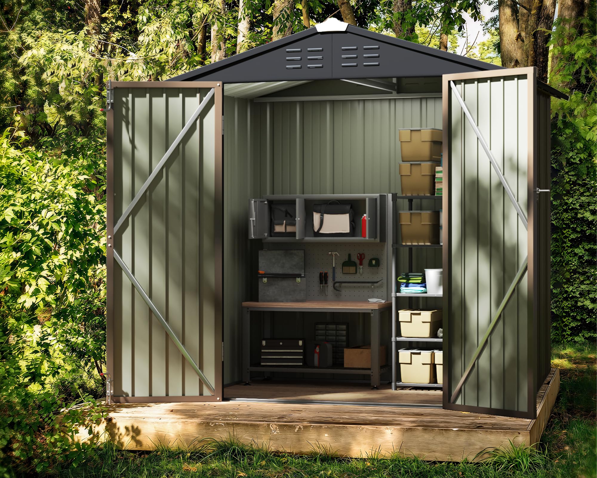 Greesum 6x4 ft Outdoor Storage Shed - Metal Utility Tool & Garden Shed with Lockable Door for Patio, Backyard & Lawn Organization (Brown) | Weatherproof Storage Solution for Gardening Tools, Equipment & Seasonal Items