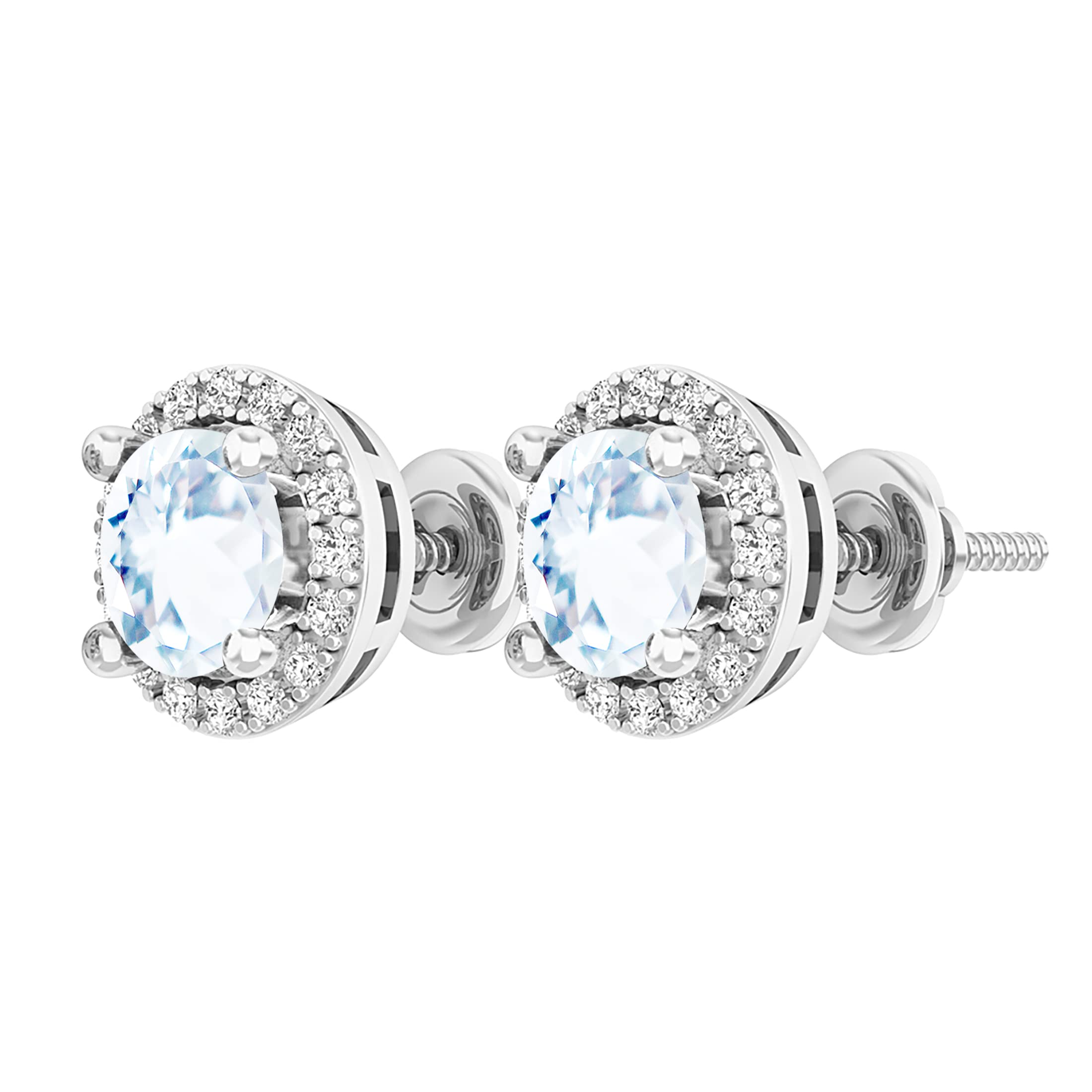 Dazzlingrock 6mm Round Gemstone Stud Earrings for Women - White Diamond Halo, Screw Back, Solid White Gold | Perfect for Weddings, Parties & Special Occasions