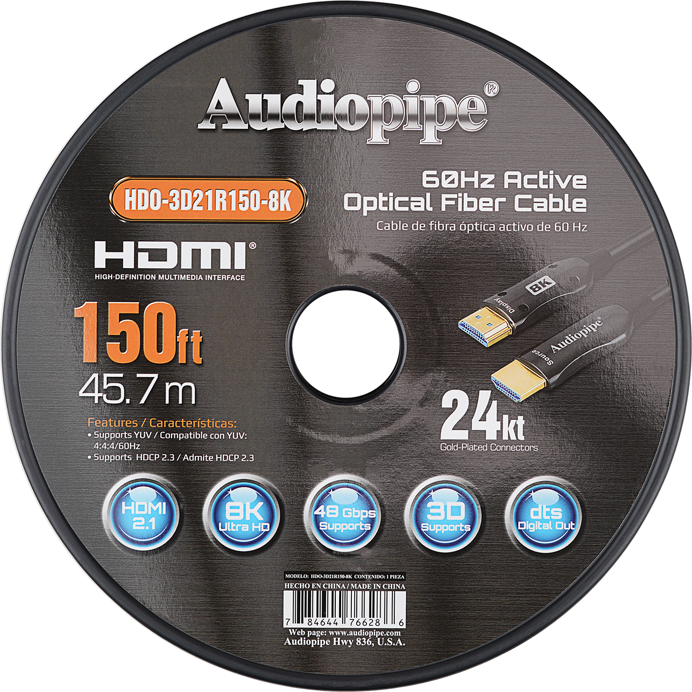 8K Active Optical HDMI Cable 150Ft - Ultra HD 4K 120Hz, HDR, eARC, 48Gbps for Gaming, Home Theater, and Professional AV Setups (HDO 3D21R150 8K) - Perfect for Long-Distance 8K/4K Projectors, PS5, Xbox Series X, and High-End Home Entertainment Systems